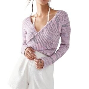 Free People Women Brooke Wrap Top Ribbed Knit S Lilac Fog Crop Boho Balletcore